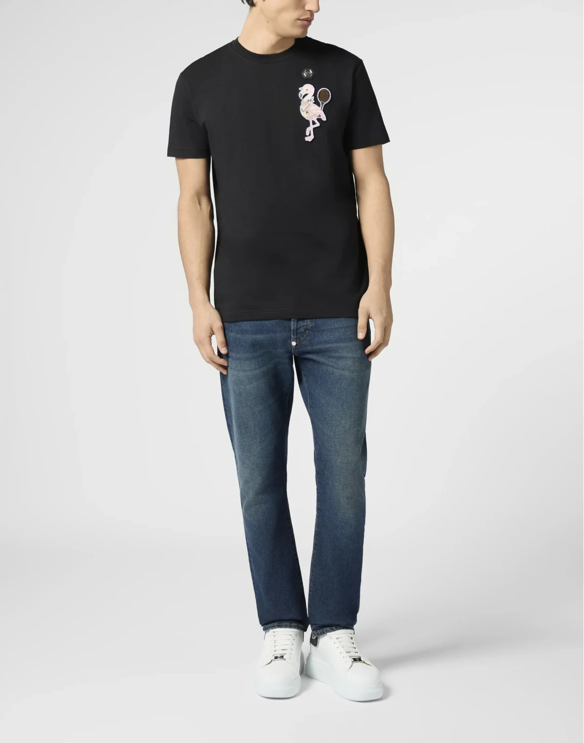 Round Neck T-Shirt Tennis Flamingo Patch, цвет: Черный