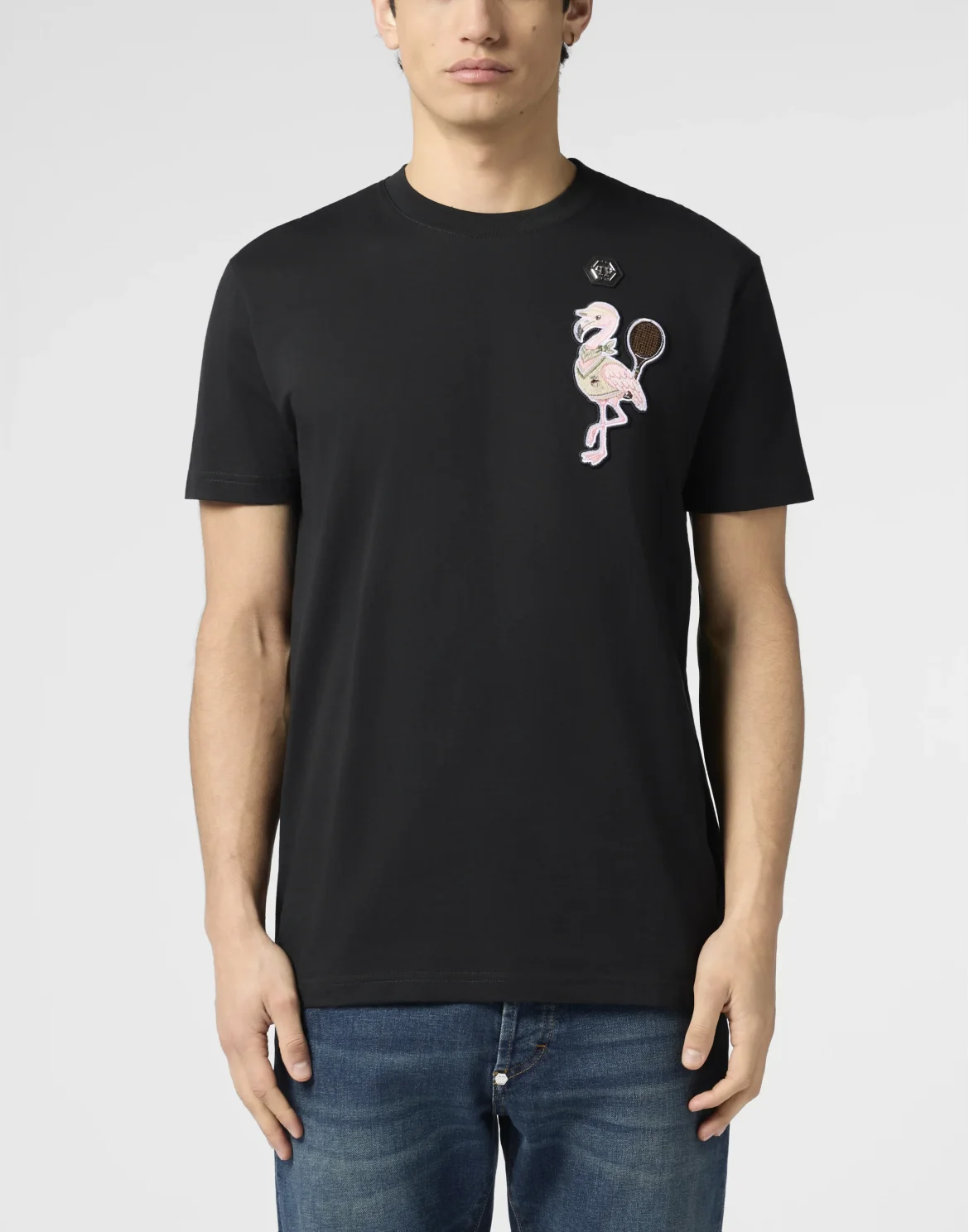 Round Neck T-Shirt Tennis Flamingo Patch, цвет: Черный