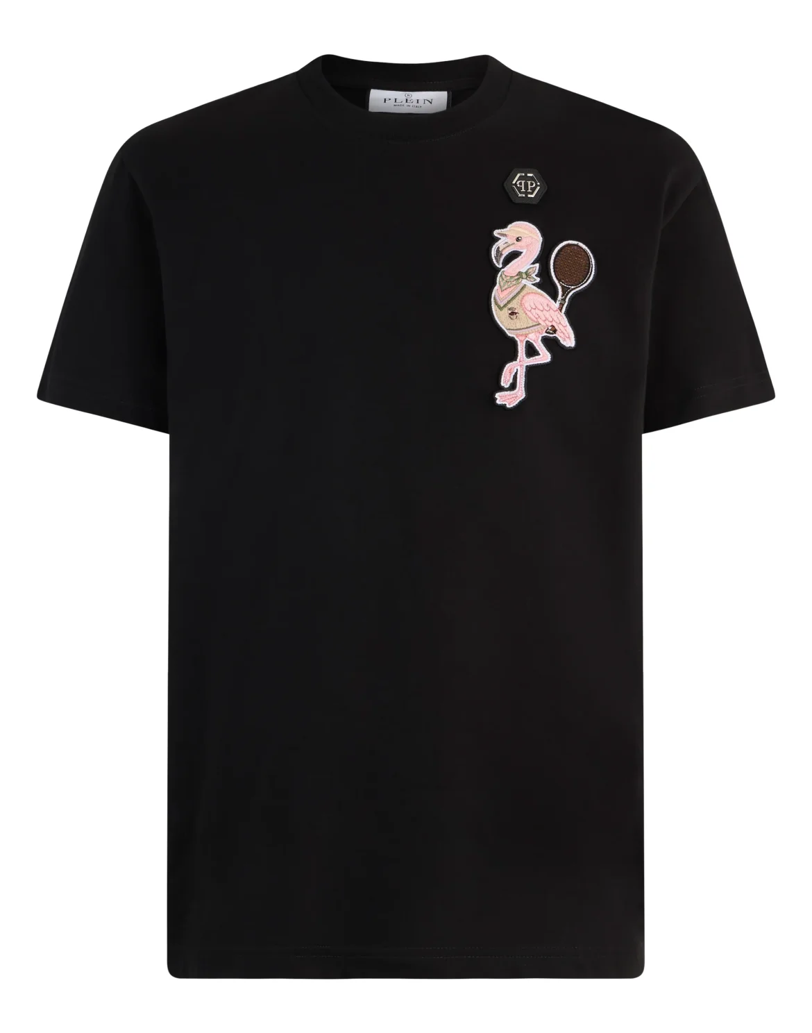 Round Neck T-Shirt Tennis Flamingo Patch, цвет: Черный