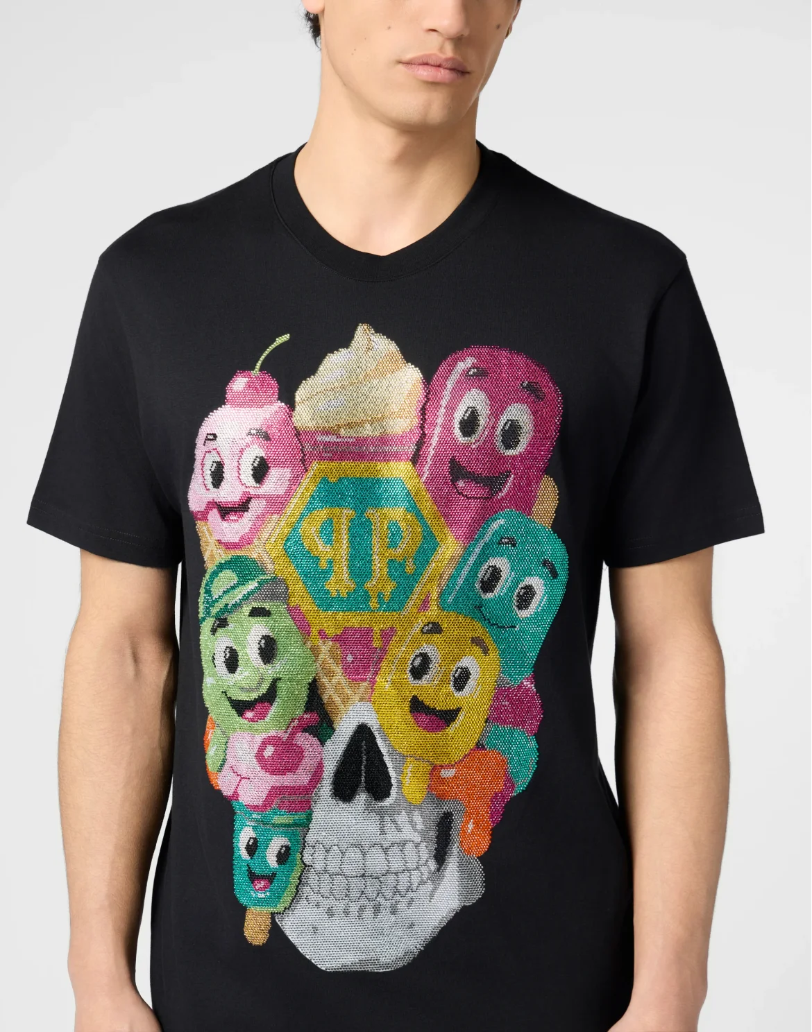 Round Neck T-Shirt Little Ice Cream Skull, цвет: Черный
