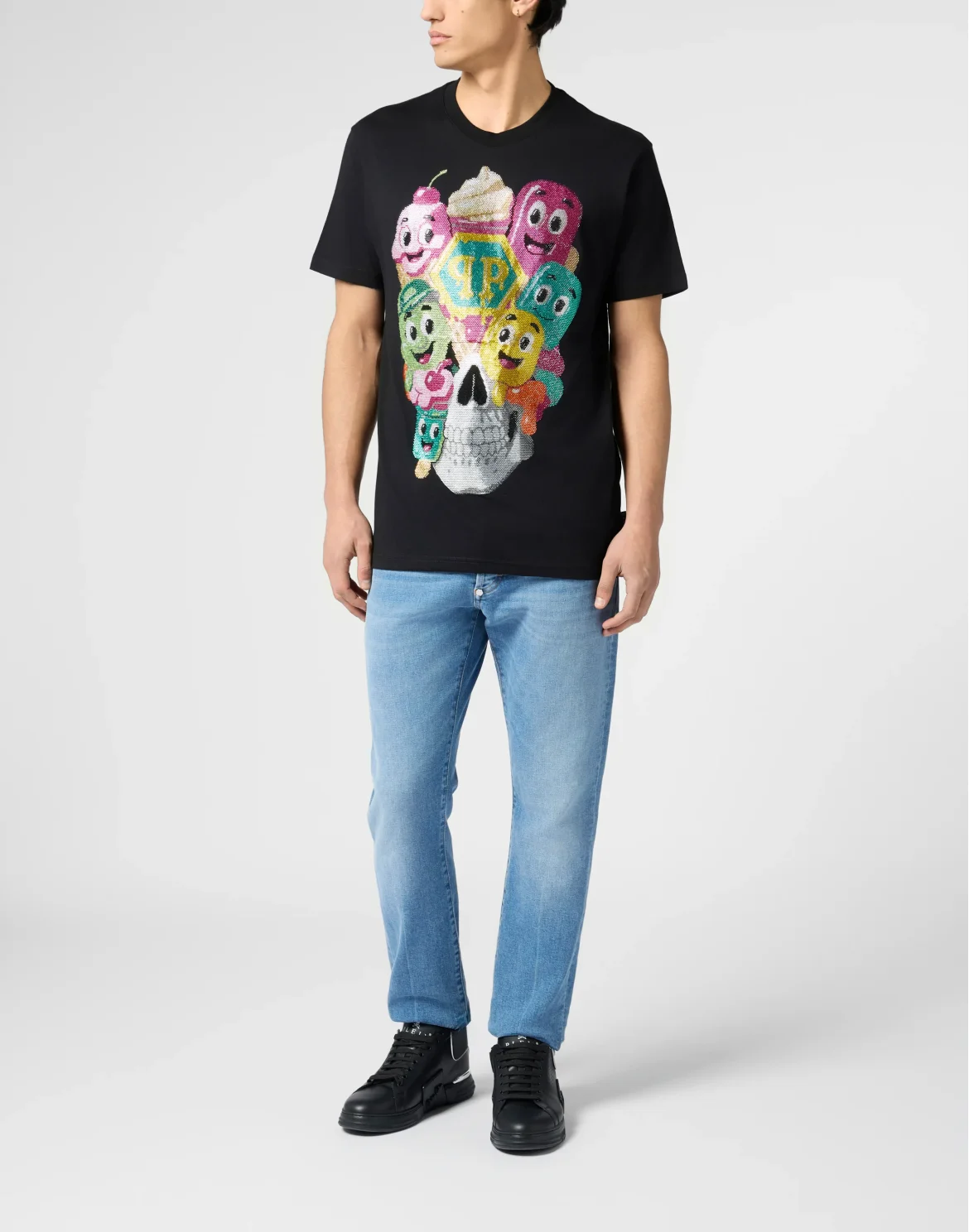 Round Neck T-Shirt Little Ice Cream Skull, цвет: Черный
