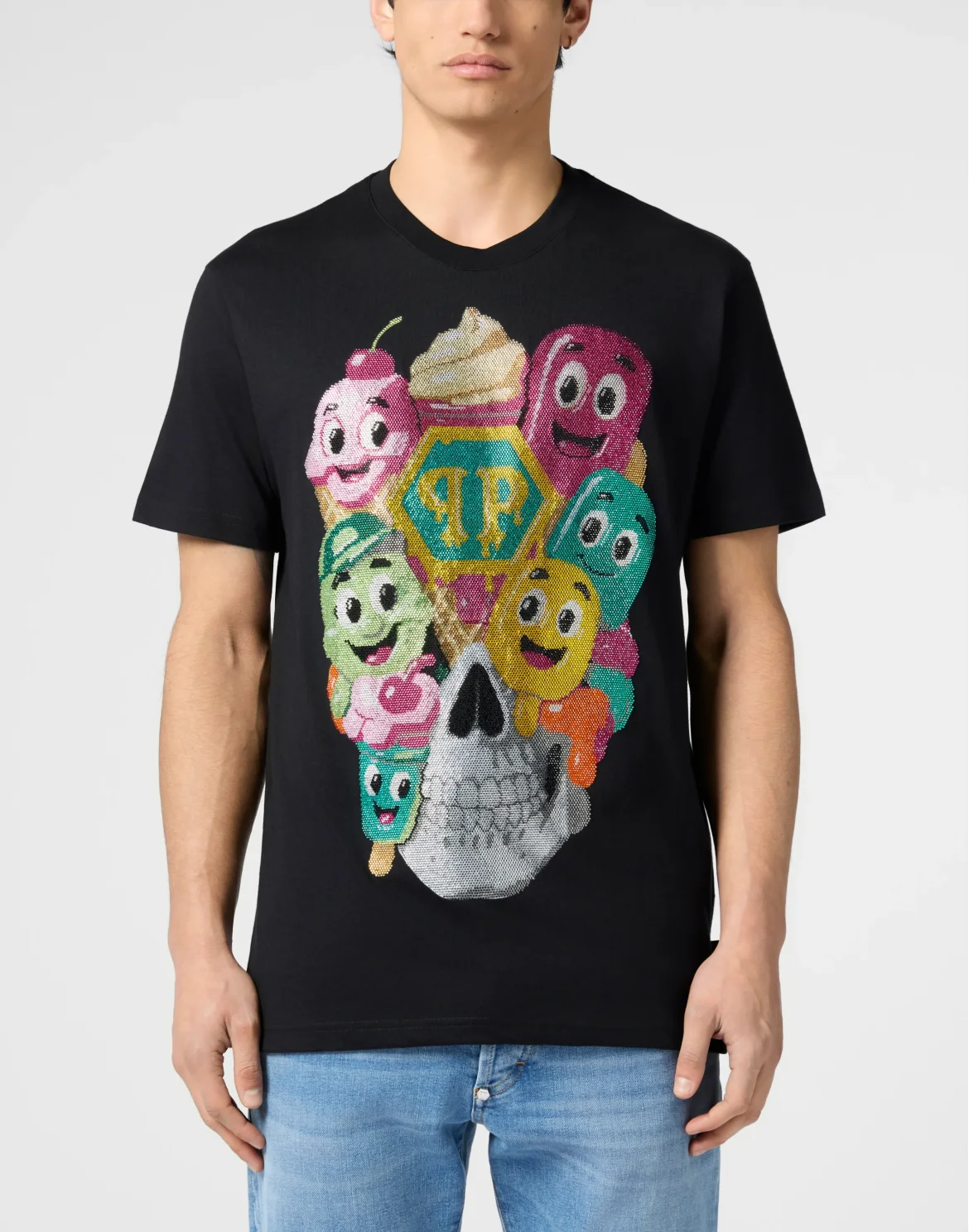 Round Neck T-Shirt Little Ice Cream Skull, цвет: Черный