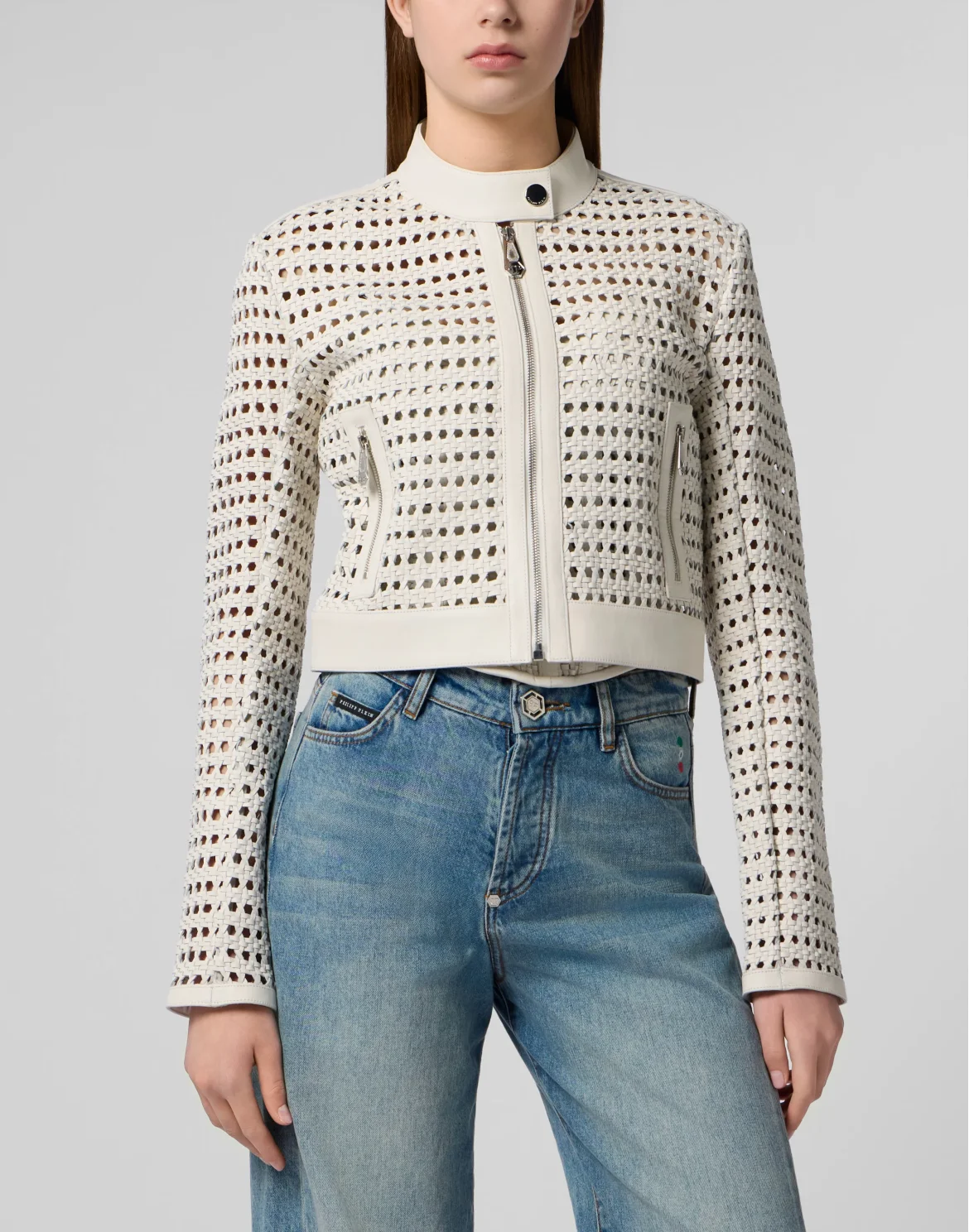 Weaved Leather Fitted Jacket, цвет: Белый