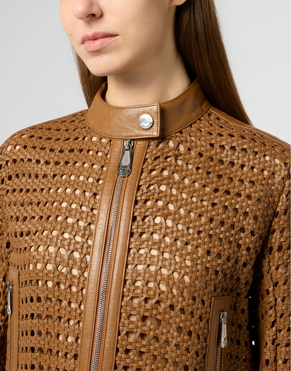 Weaved Leather Fitted Jacket, цвет: Коричневый