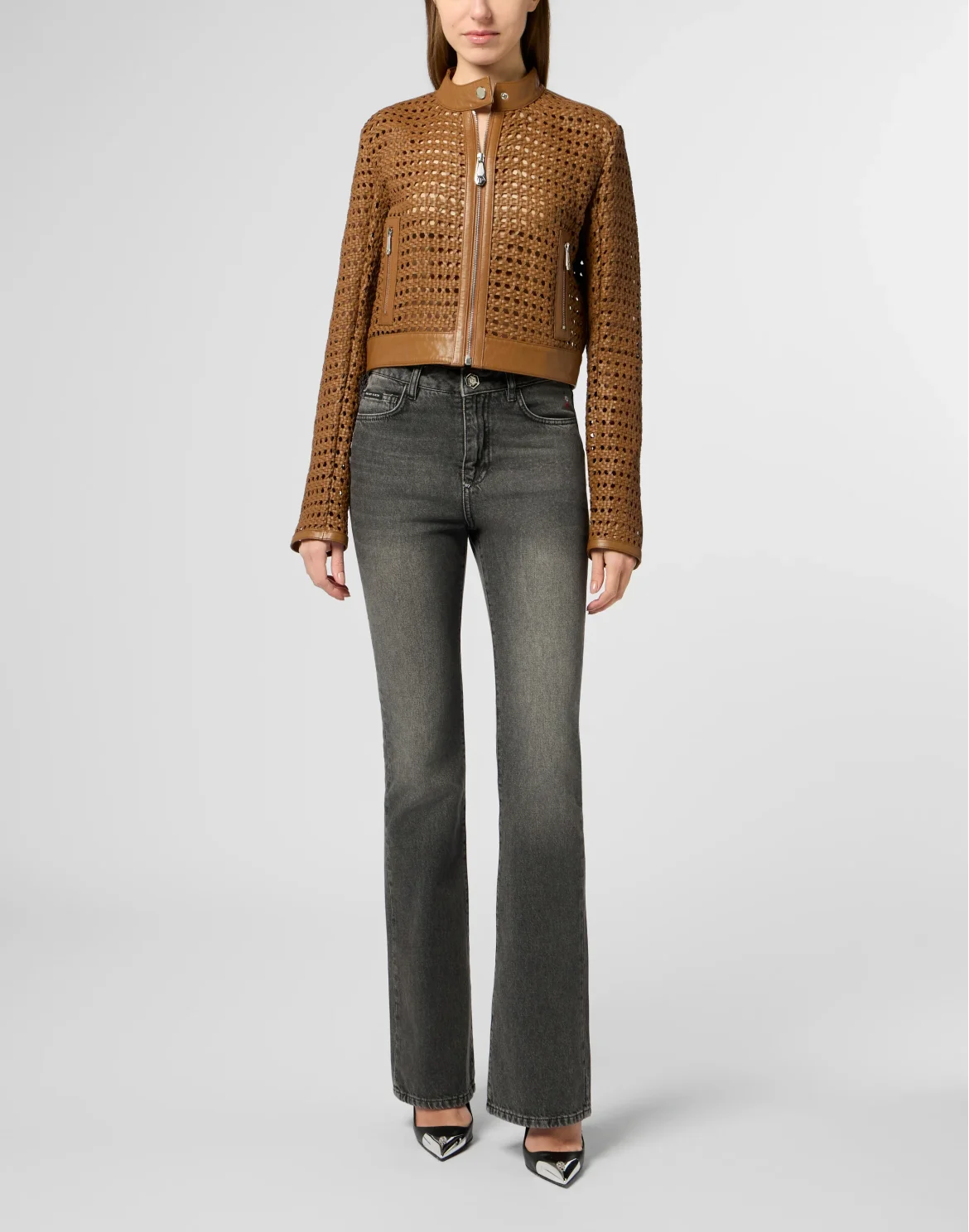 Weaved Leather Fitted Jacket, цвет: Коричневый