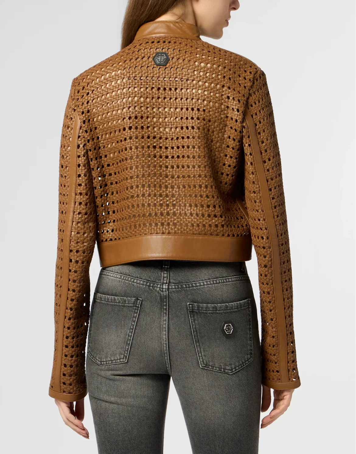 Weaved Leather Fitted Jacket, цвет: Коричневый