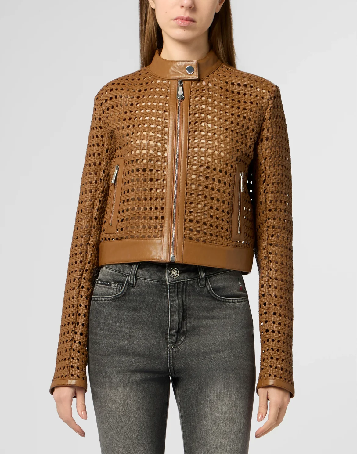 Weaved Leather Fitted Jacket, цвет: Коричневый