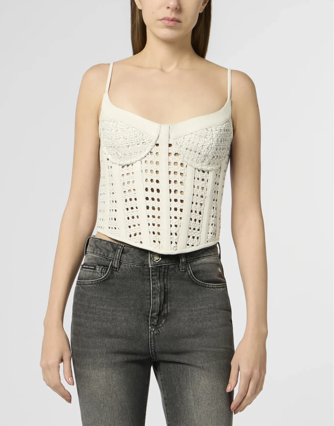 Weaved Leather Bustier, цвет: Бежевый