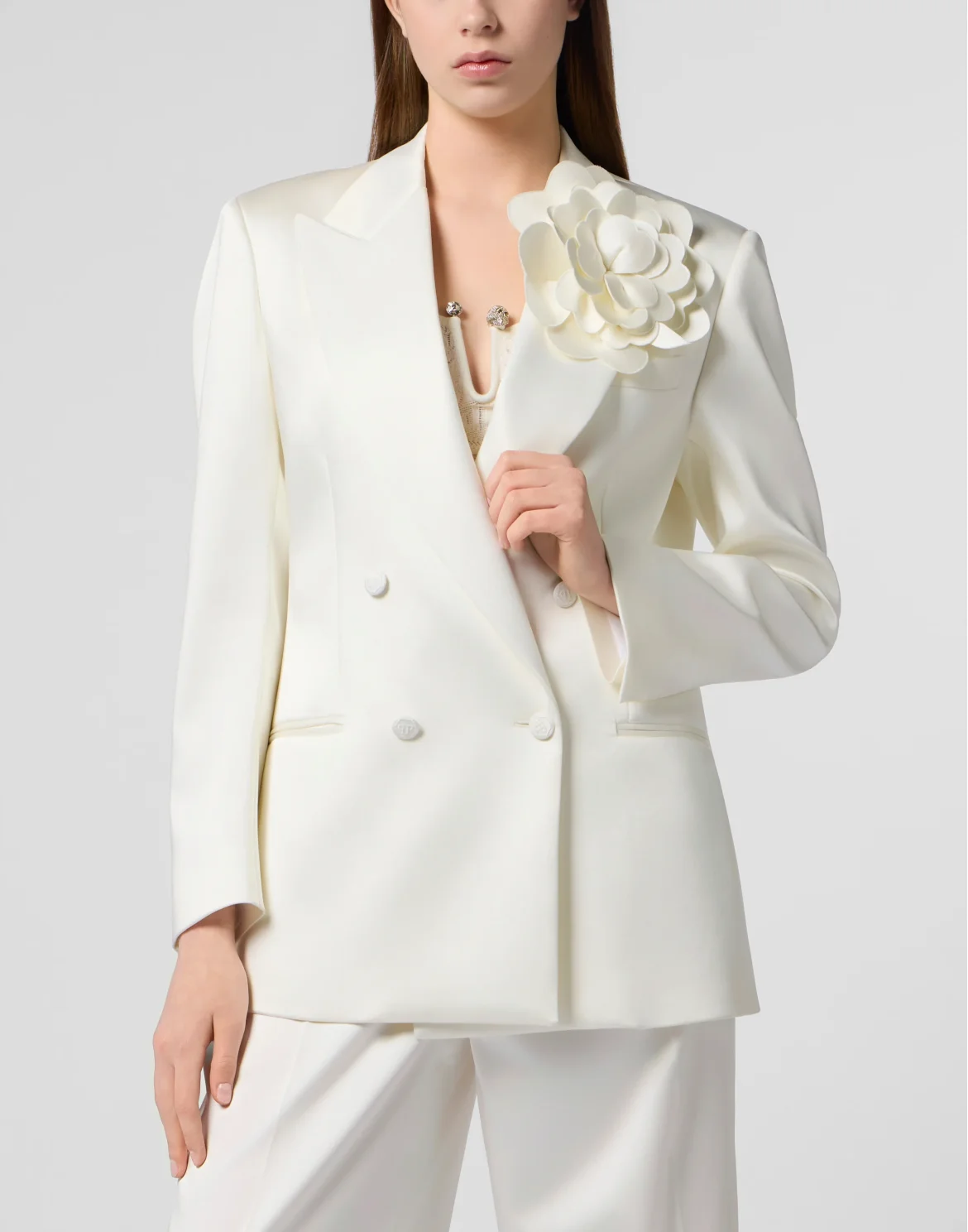 Double-Breasted Satin Blazer Roses, цвет: Белый