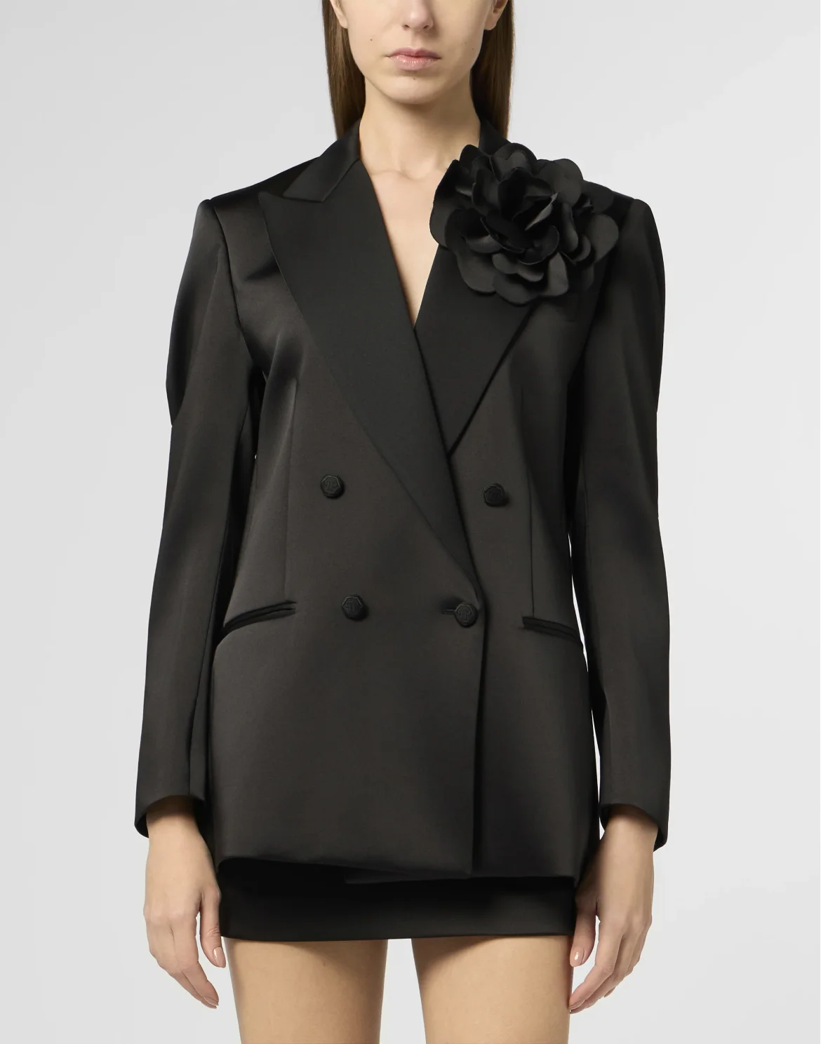 Double-Breasted Satin Blazer Roses, цвет: Черный