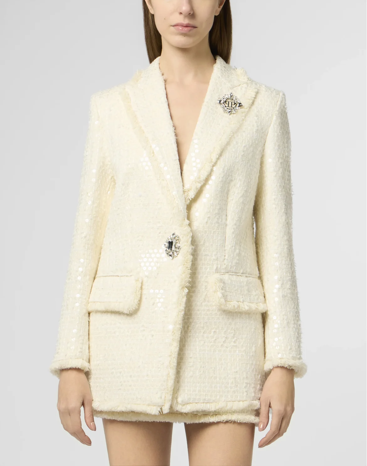 Tweed Boyfriend's Fit Blazer Paillettes, цвет: Белый