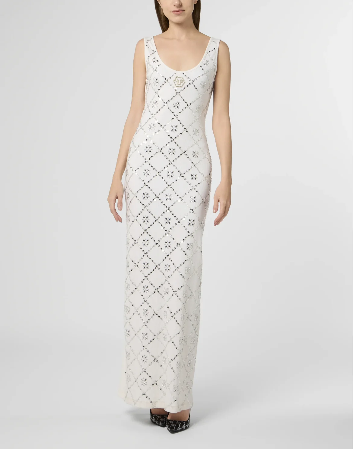 Long Tank Dress Rhomb Flowers Strass, цвет: Бежевый