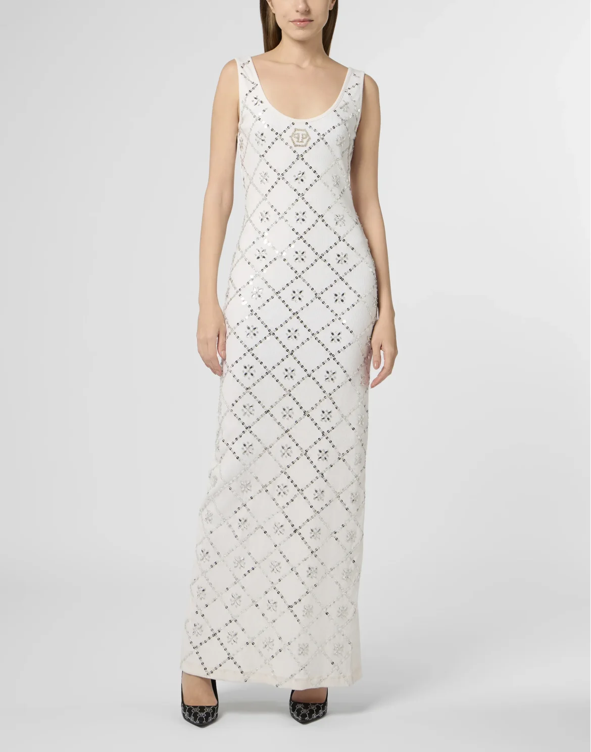 Long Tank Dress Rhomb Flowers Strass, цвет: Бежевый