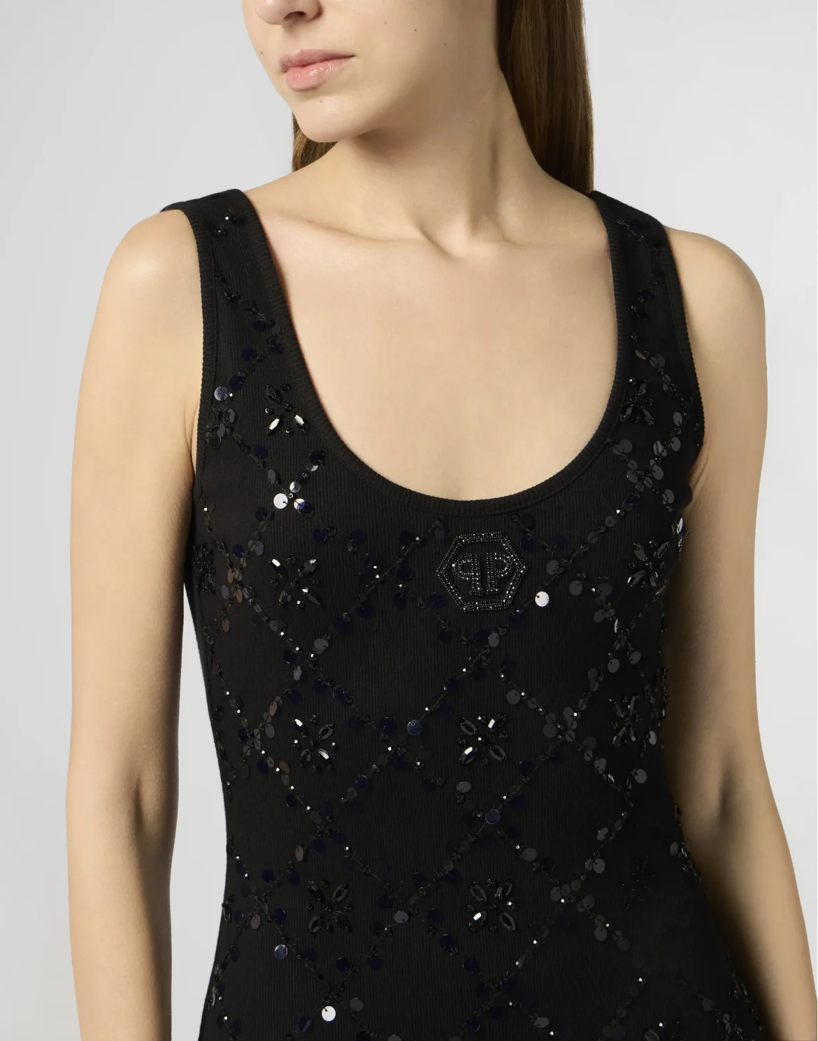 Long Tank Dress Rhomb Flowers Strass, цвет: Черный