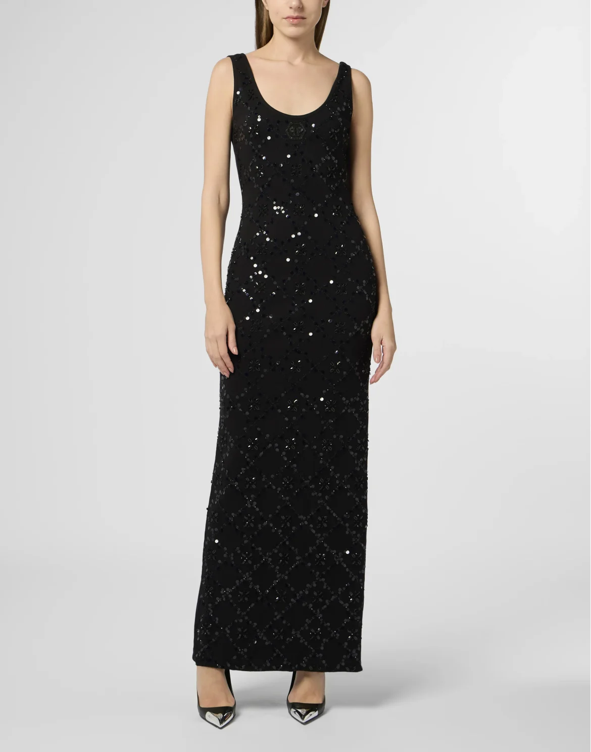 Long Tank Dress Rhomb Flowers Strass, цвет: Черный