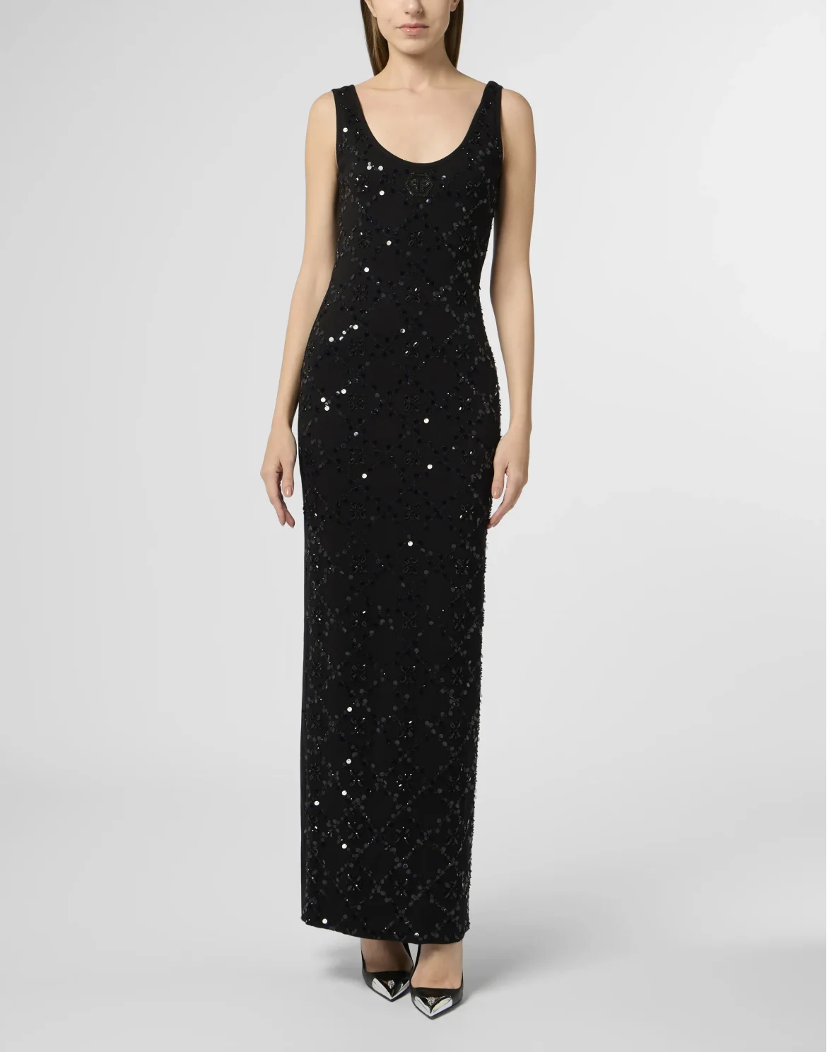 Long Tank Dress Rhomb Flowers Strass, цвет: Черный