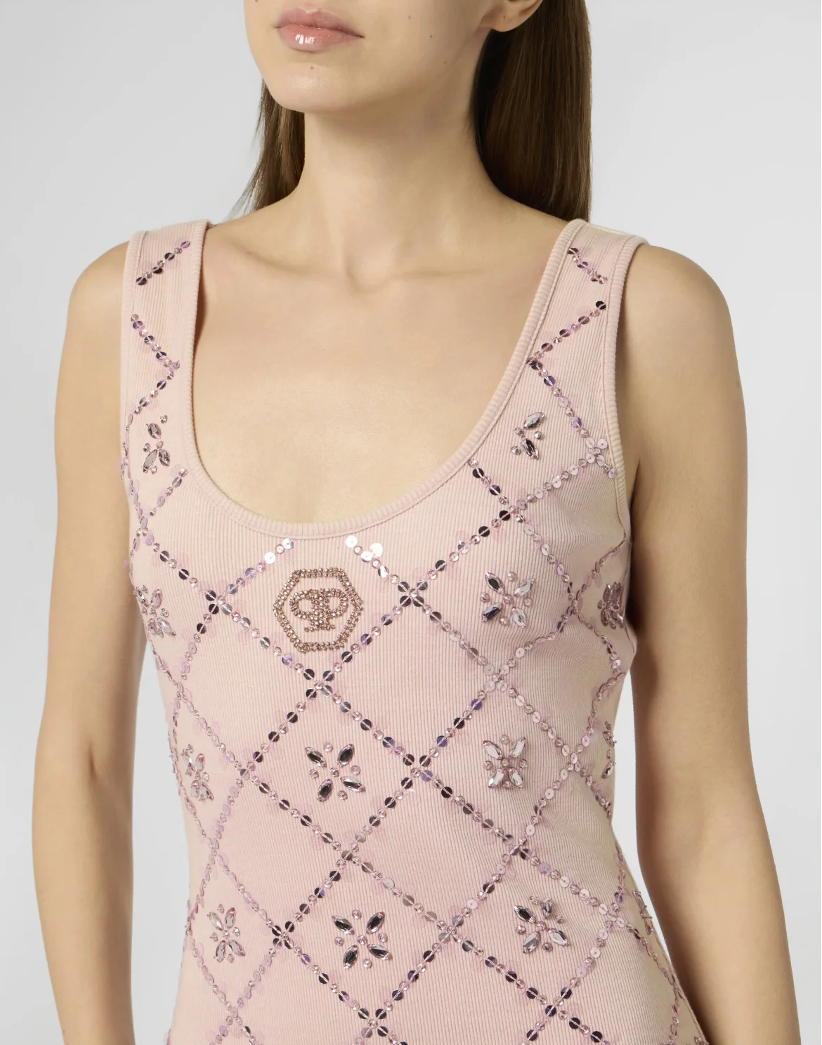 Long Tank Dress Rhomb Flowers Strass, цвет: Розовый