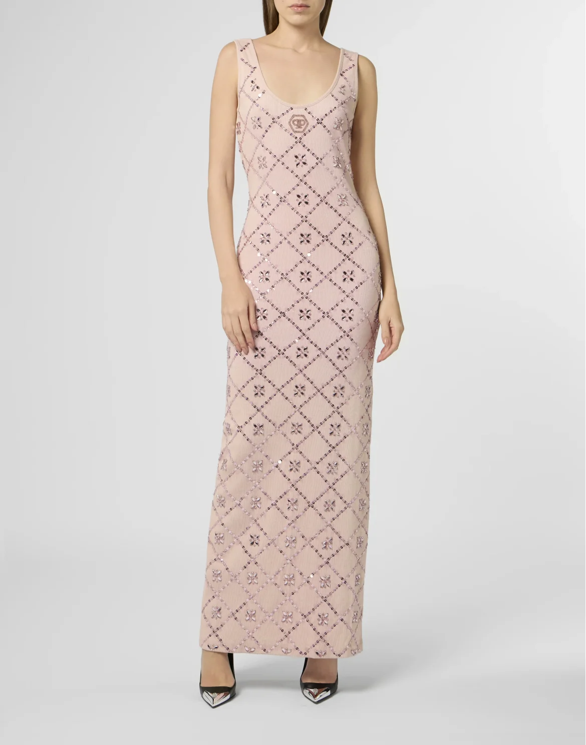 Long Tank Dress Rhomb Flowers Strass, цвет: Розовый