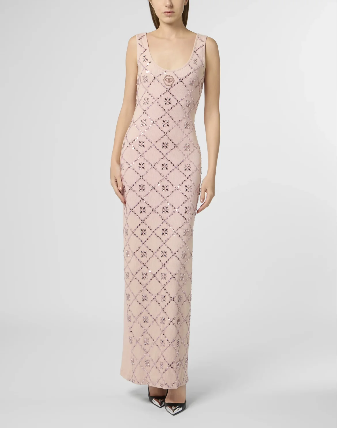 Long Tank Dress Rhomb Flowers Strass, цвет: Розовый