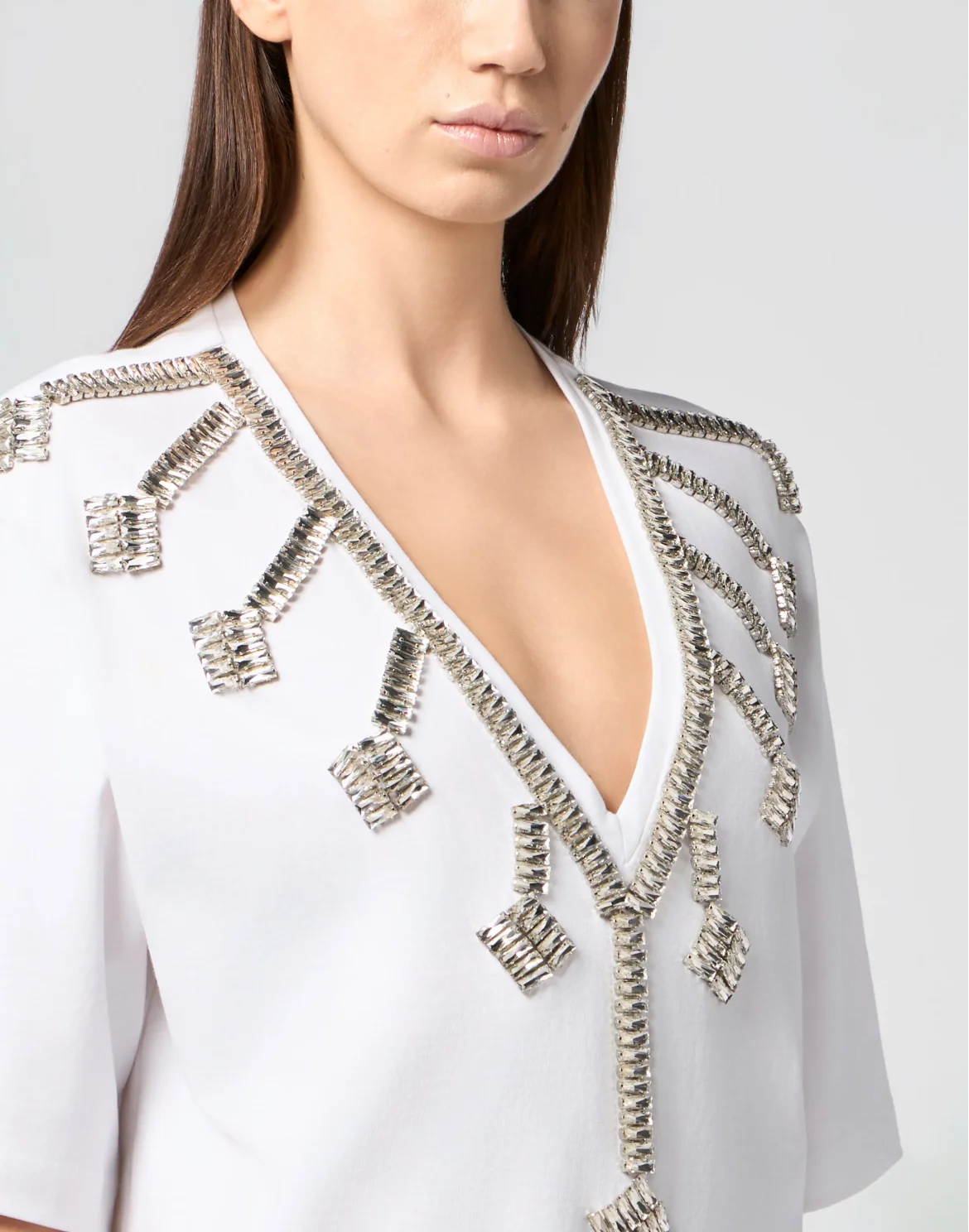 V-Neck T-Shirt Dress Crystal Fringes, цвет: Белый