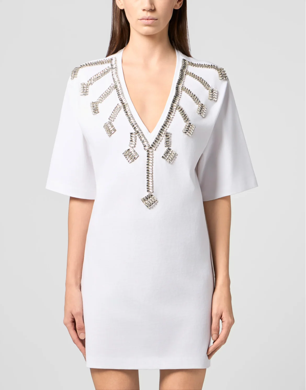 V-Neck T-Shirt Dress Crystal Fringes, цвет: Белый