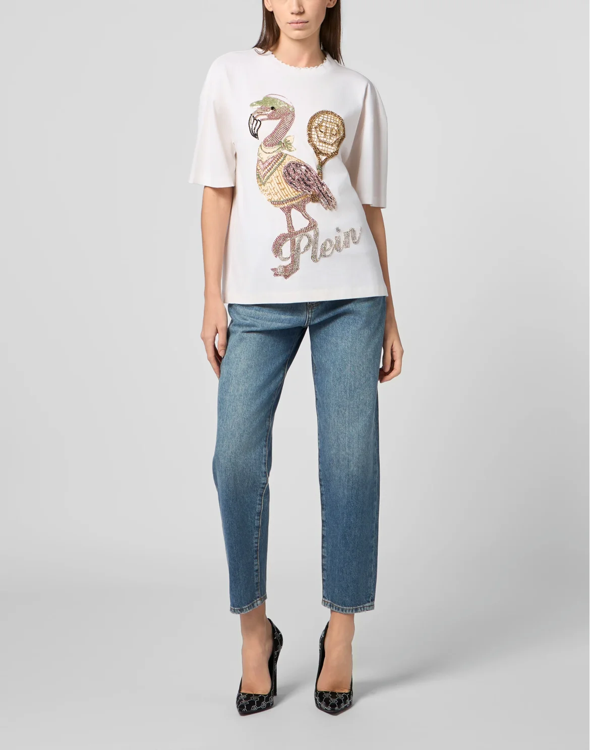 Open Back Man Fit T-Shirt Flamingo Crystals, цвет: Бежевый