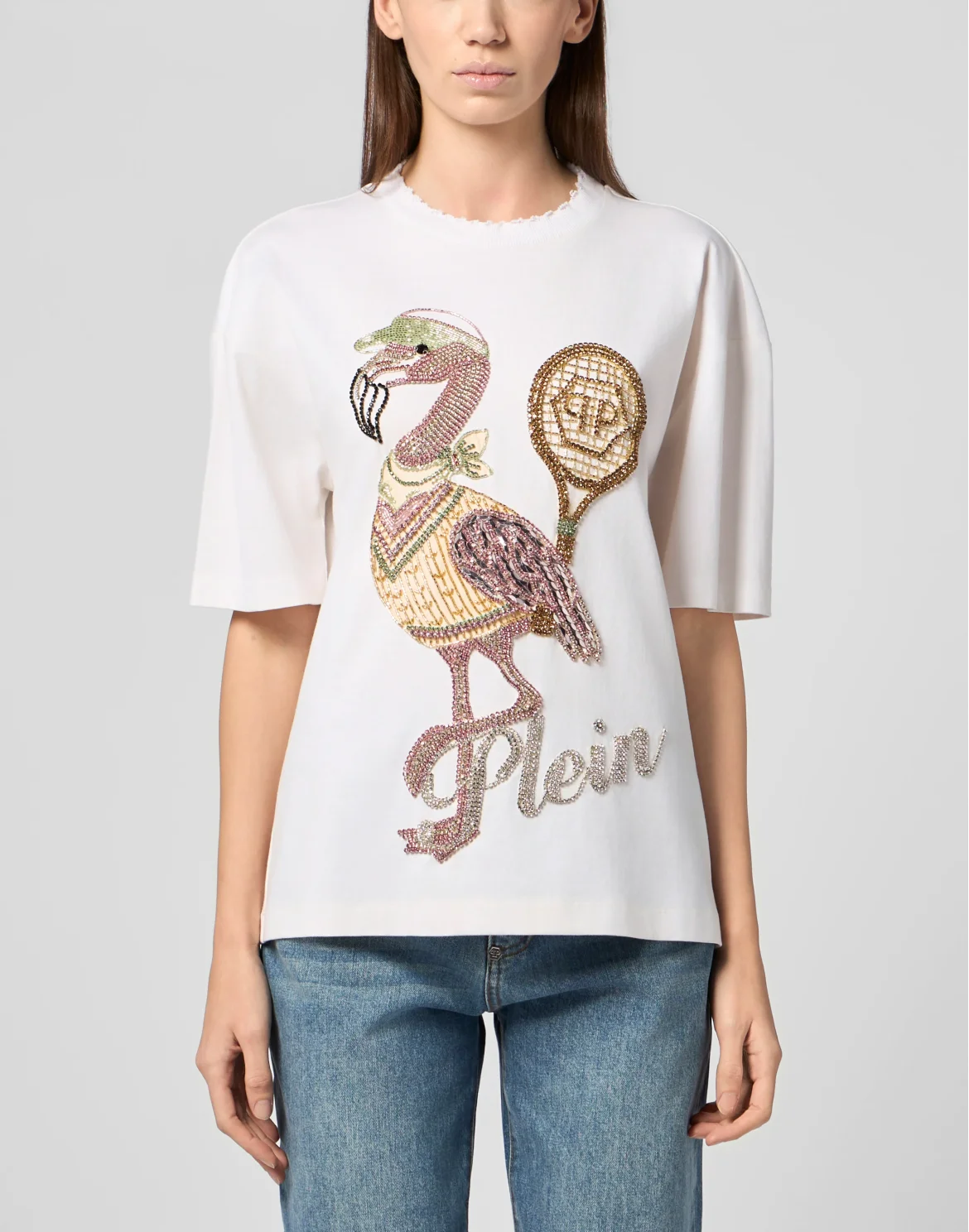 Open Back Man Fit T-Shirt Flamingo Crystals, цвет: Бежевый