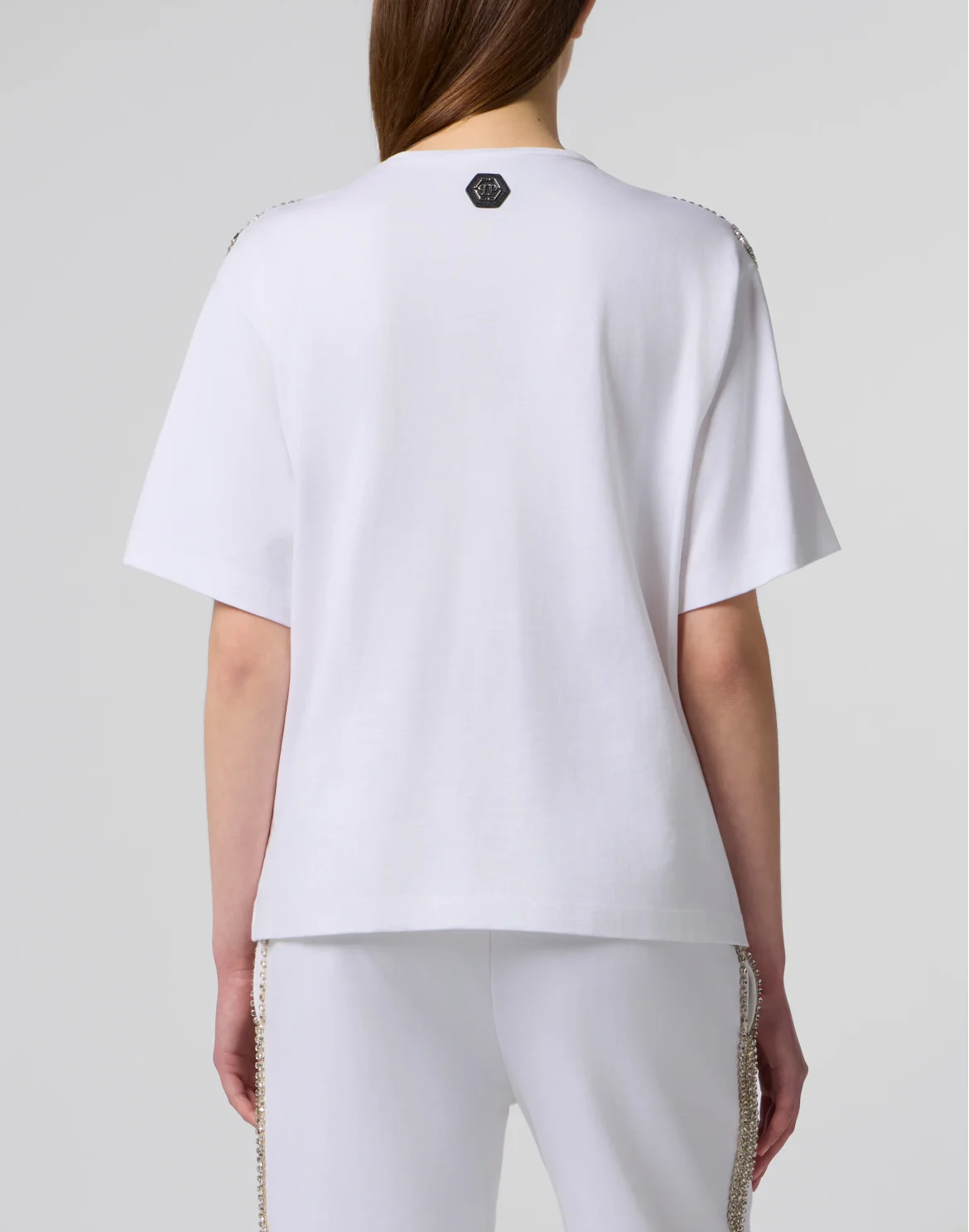 V-Neck T-Shirt Crystal Fringes, цвет: Белый