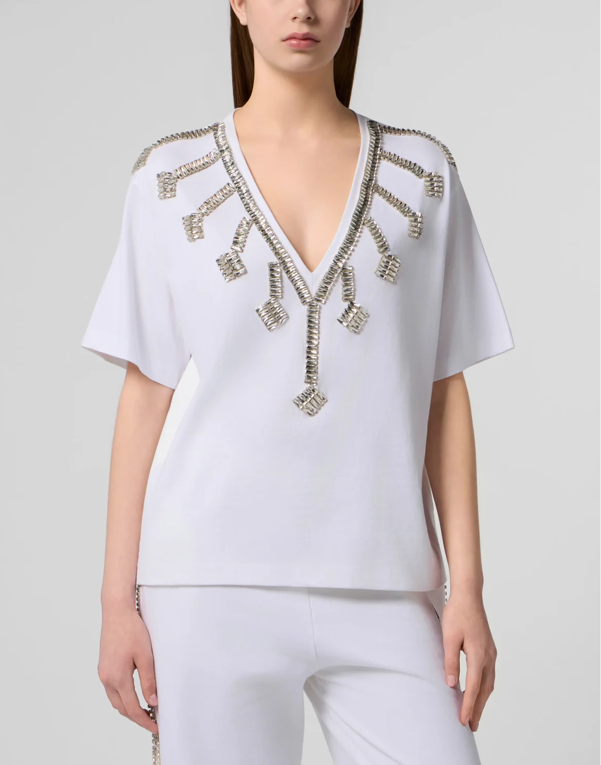 V-Neck T-Shirt Crystal Fringes, цвет: Белый