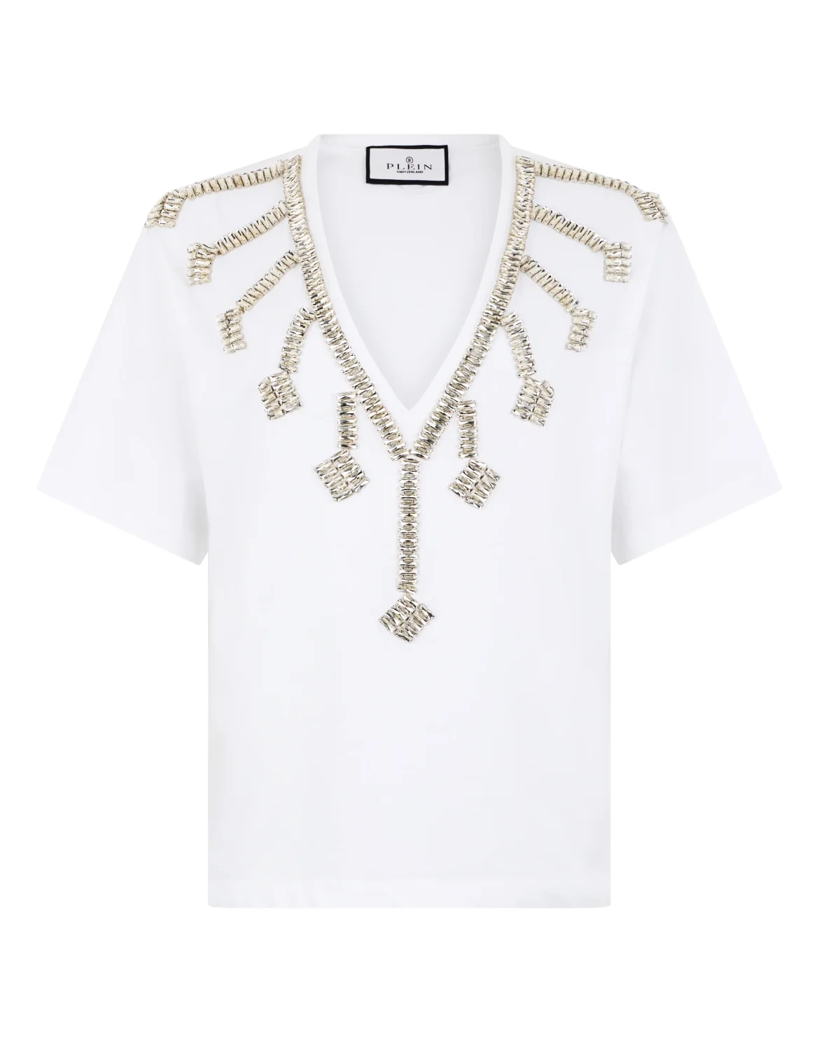 V-Neck T-Shirt Crystal Fringes, цвет: Белый