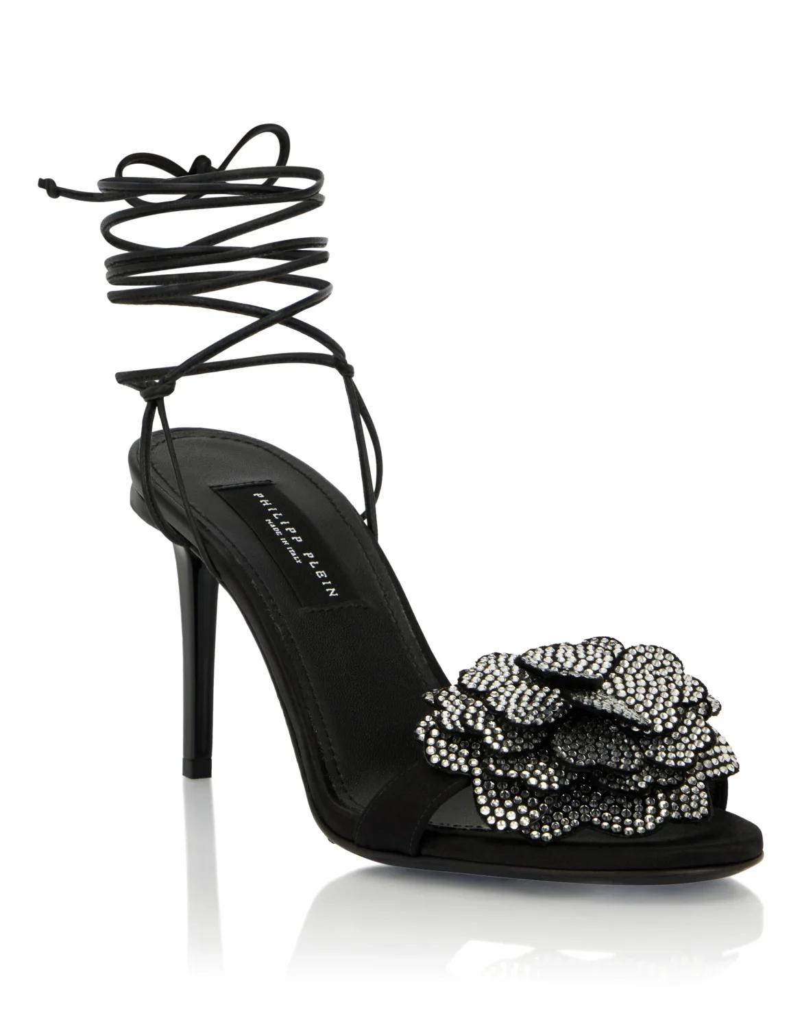 Lace-Up High Heels Sandals Strass Flower 9, цвет: Черный