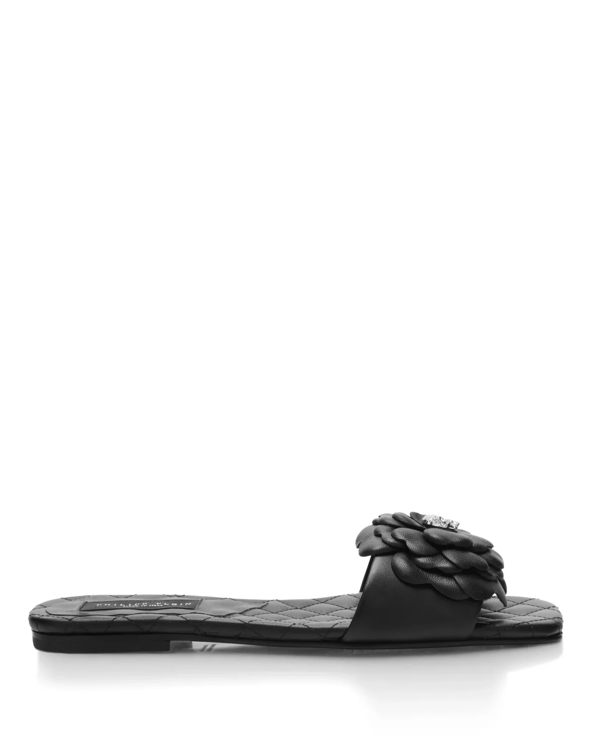 Leather Flat Slides Flower, цвет: Черный