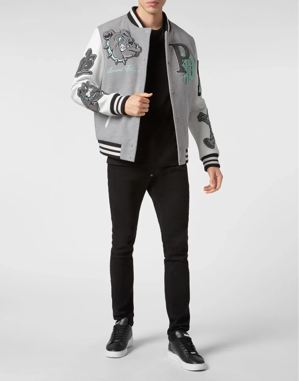 Woolen Cloth College Bomber with Leather Arms Bulldogs, цвет: Серый