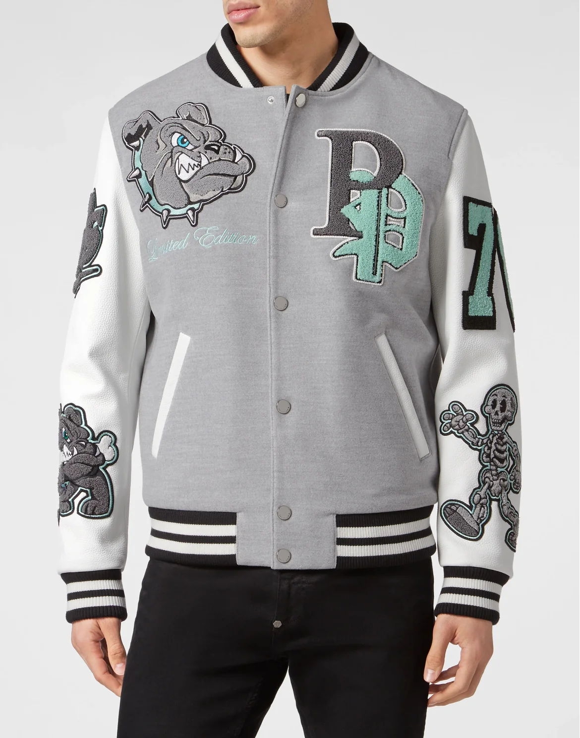 Woolen Cloth College Bomber with Leather Arms Bulldogs, цвет: Серый