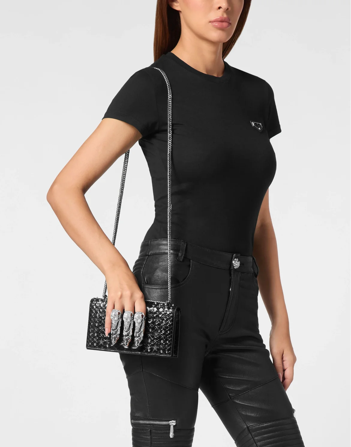 Python Leather Flap Bag Studs, цвет: Черный