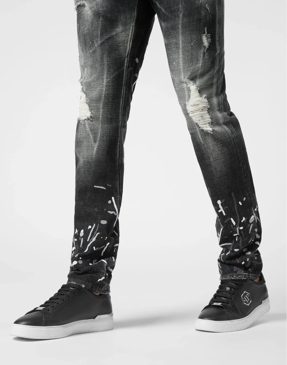 Denim Super Straight Cut Trousers With Splash, цвет: Серый