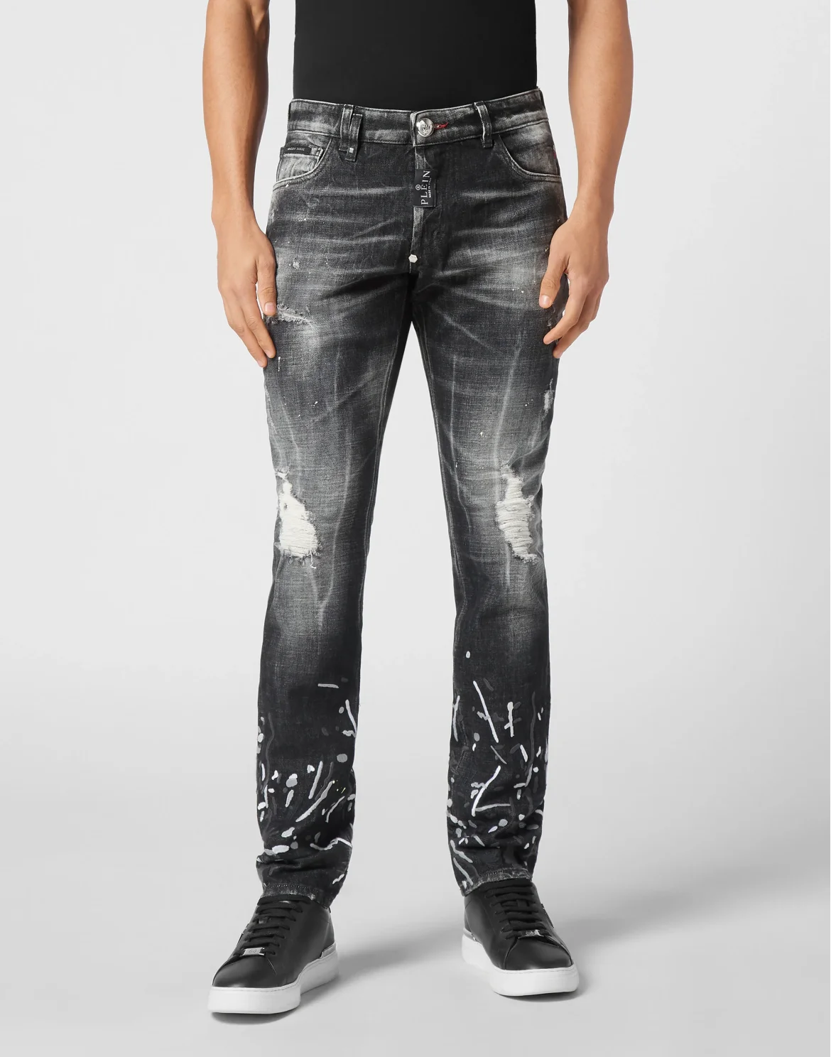 Denim Super Straight Cut Trousers With Splash, цвет: Серый
