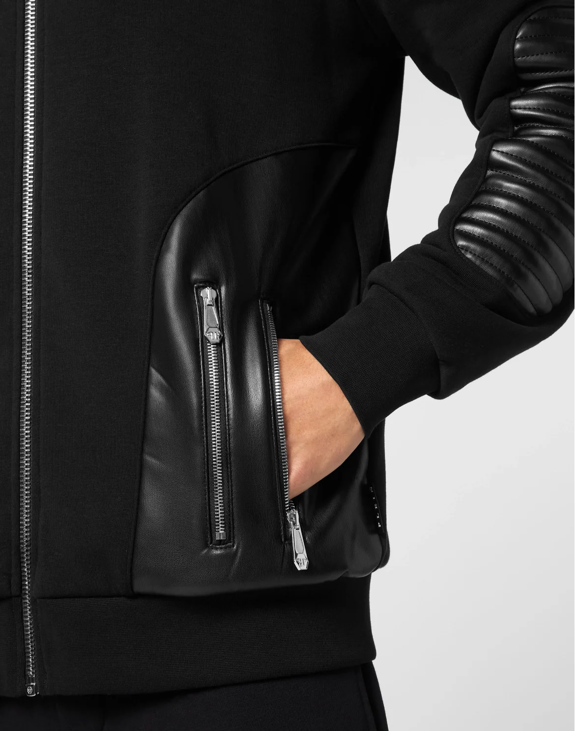 Hoodie Sweatjacket With Leather Inserts, цвет: Черный