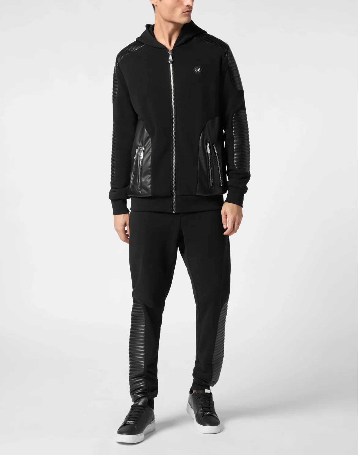 Hoodie Sweatjacket With Leather Inserts, цвет: Черный