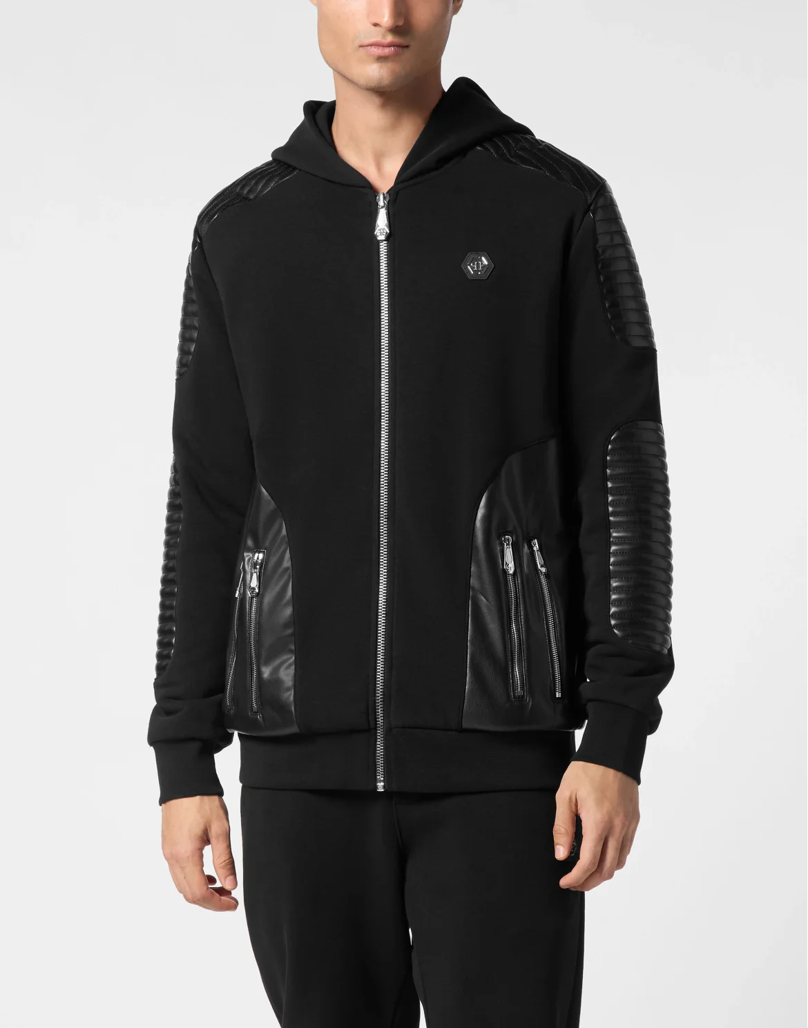 Hoodie Sweatjacket With Leather Inserts, цвет: Черный