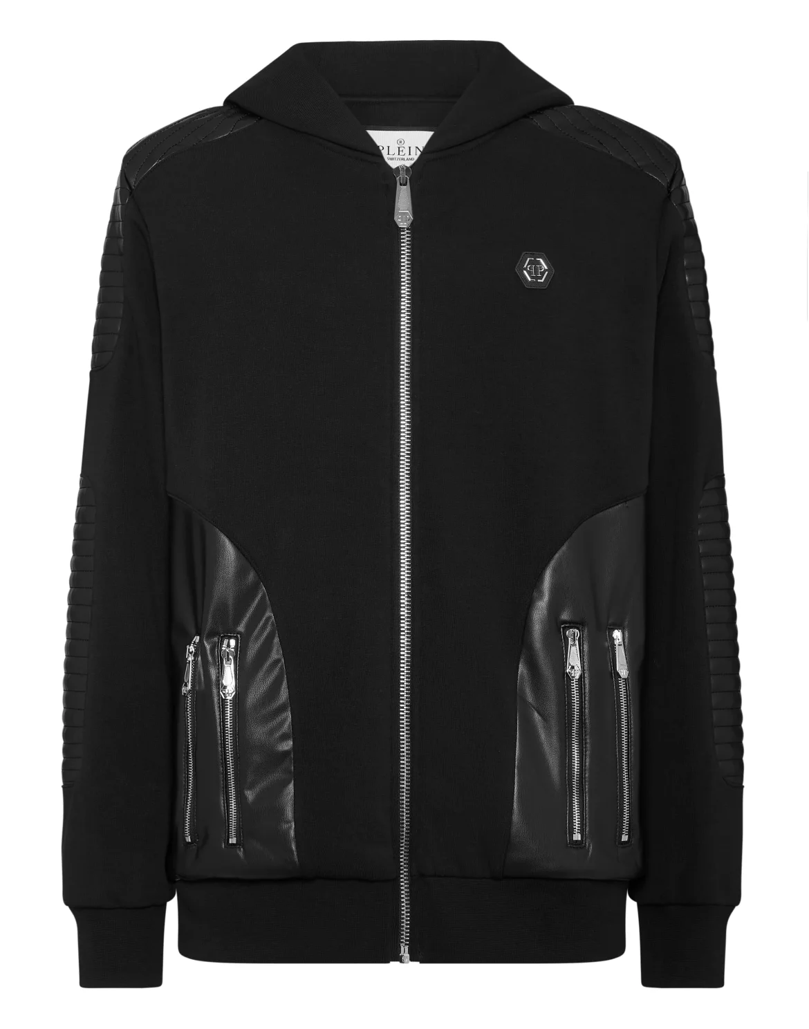 Hoodie Sweatjacket With Leather Inserts, цвет: Черный