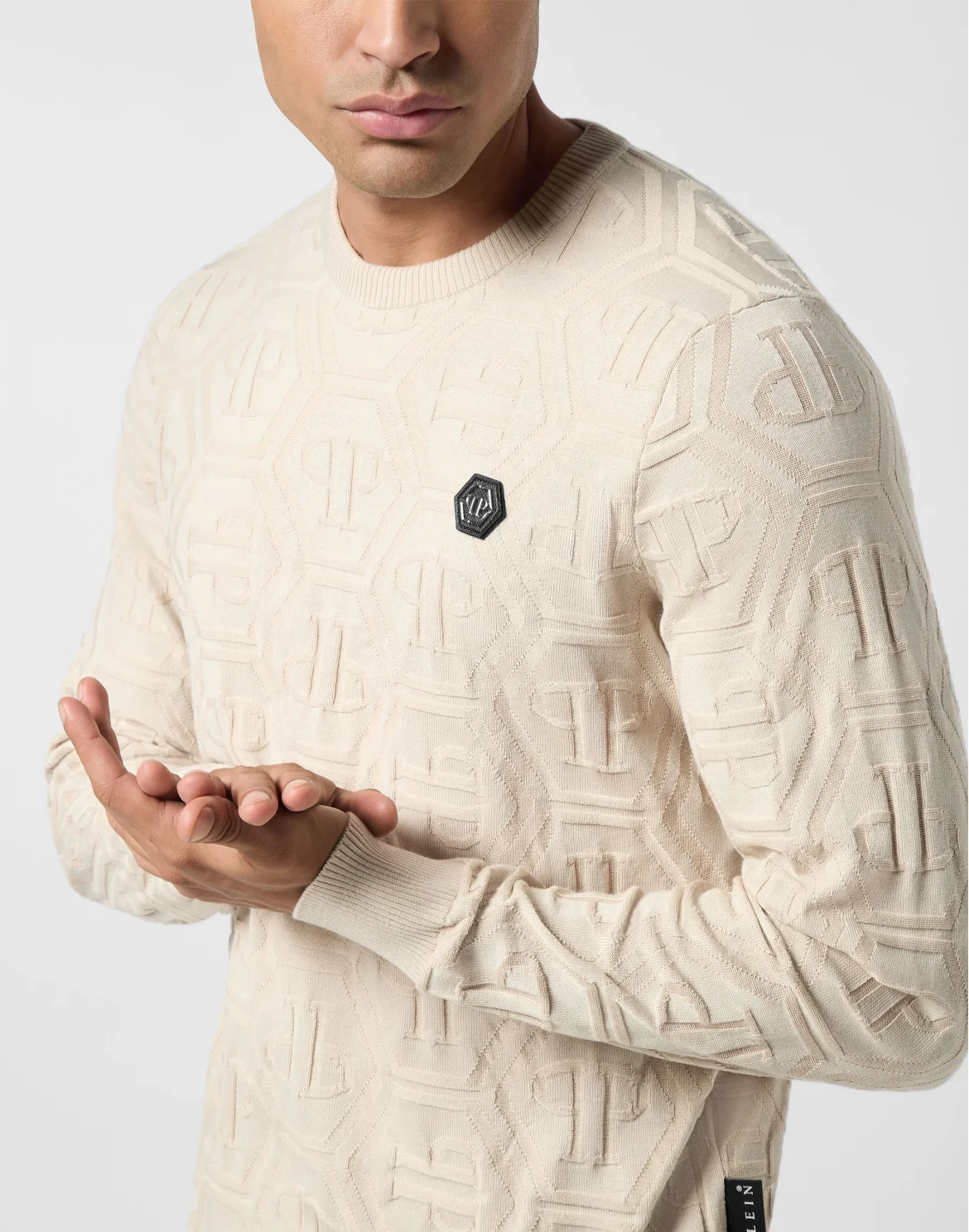 Jacquard Silk Wool Pullover Round Neck LS Monogram, цвет: Бежевый