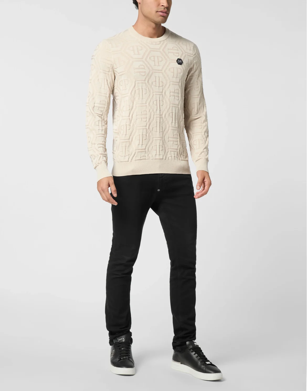 Jacquard Silk Wool Pullover Round Neck LS Monogram, цвет: Бежевый