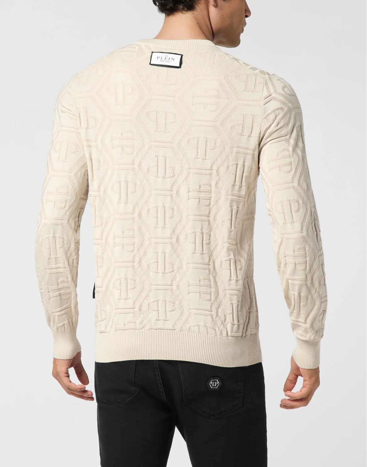 Jacquard Silk Wool Pullover Round Neck LS Monogram, цвет: Бежевый