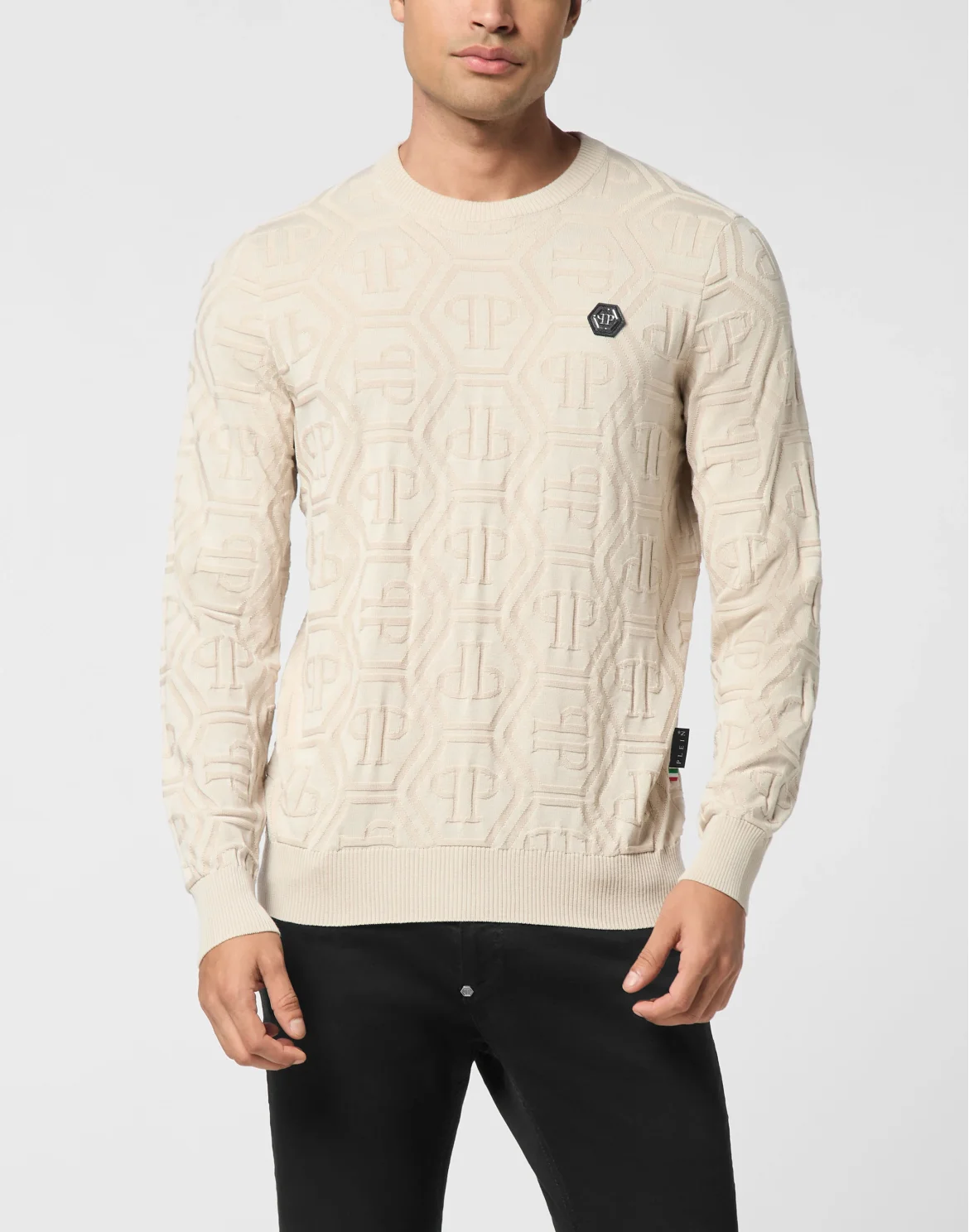 Jacquard Silk Wool Pullover Round Neck LS Monogram, цвет: Бежевый