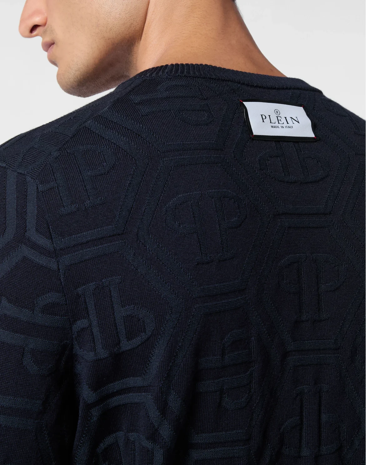 Jacquard Silk Wool Pullover Round Neck LS Monogram, цвет: Синий
