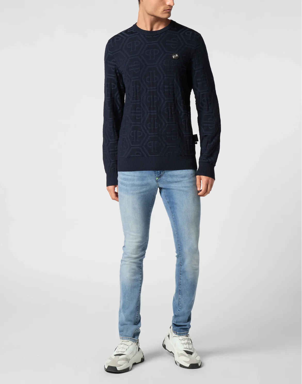 Jacquard Silk Wool Pullover Round Neck LS Monogram, цвет: Синий
