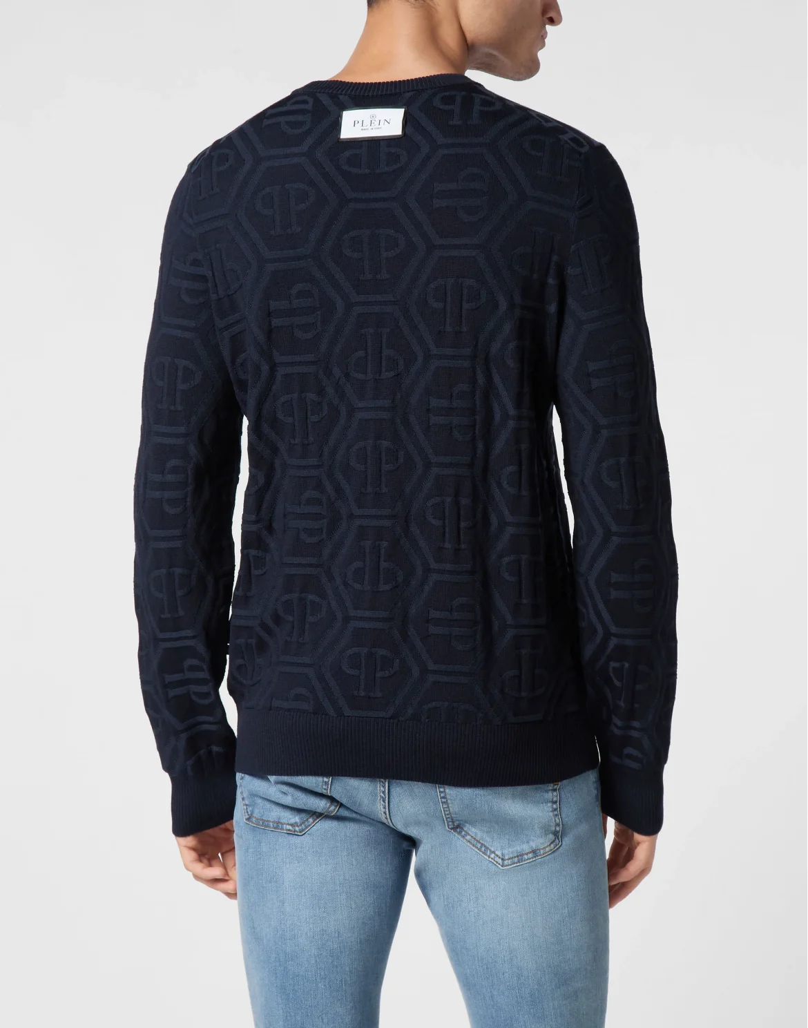 Jacquard Silk Wool Pullover Round Neck LS Monogram, цвет: Синий