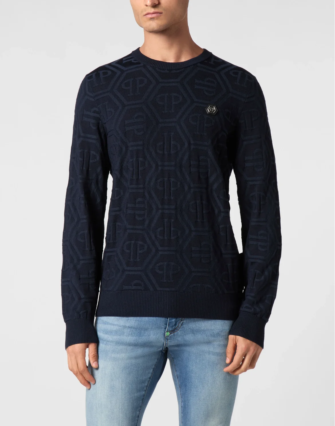 Jacquard Silk Wool Pullover Round Neck LS Monogram, цвет: Синий