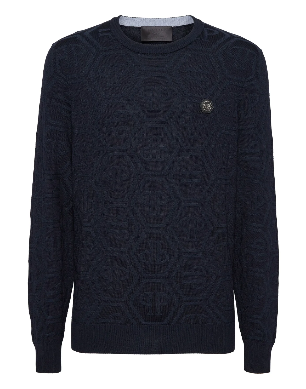 Jacquard Silk Wool Pullover Round Neck LS Monogram, цвет: Синий